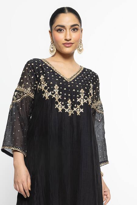 Sinjhar Black Chanderi, , Satin, Kota Doria Bloom Hand Kurta Set at Aza Fashions Sinjhar_Black Chanderi, , Satin, Kota Doria Bloom Hand Kurta Set _at_Aza_Fashions