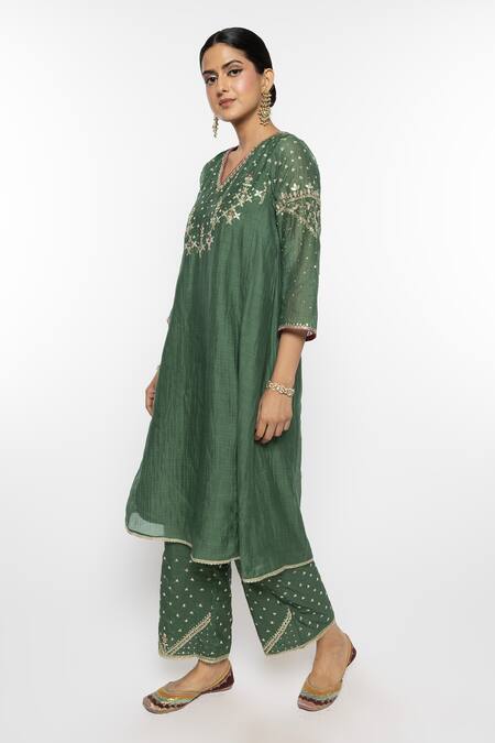 Sinjhar_Green Chanderi, Cotton, Silk, Kota Doria Embroidery Hand A-line Kurta Pant Set _Online_at_Aza_Fashions