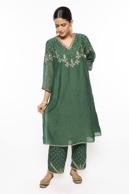 Buy_Sinjhar_Green Chanderi, Cotton, Silk, Kota Doria Embroidery Hand A-line Kurta Pant Set _Online_at_Aza_Fashions