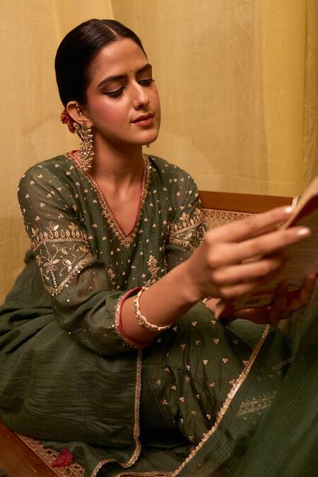 Shop_Sinjhar_Green Chanderi, Cotton, Silk, Kota Doria Embroidery Hand A-line Kurta Pant Set _Online_at_Aza_Fashions