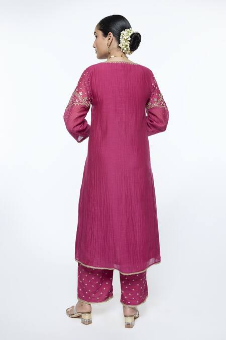 Shop_Sinjhar_Magenta Chanderi, , Satin, Silk, Kota Bloom Hand Kurta Pant Set _at_Aza_Fashions