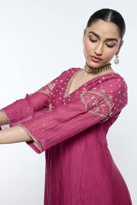 Sinjhar_Magenta Chanderi, , Satin, Silk, Kota Bloom Hand Kurta Pant Set _Online_at_Aza_Fashions