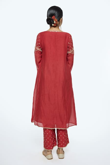 Shop Sinjhar Red Chanderi, , Satin, Silk, Kota Doria Hand Kurta Pant Set at Aza Fashions Shop_Sinjhar_Red Chanderi, , Satin, Silk, Kota Doria Hand Kurta Pant Set _at_Aza_Fashions