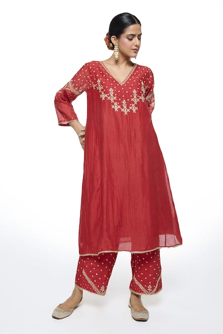 Sinjhar Red Chanderi, , Satin, Silk, Kota Doria Hand Kurta Pant Set Online at Aza Fashions Sinjhar_Red Chanderi, , Satin, Silk, Kota Doria Hand Kurta Pant Set _Online_at_Aza_Fashions
