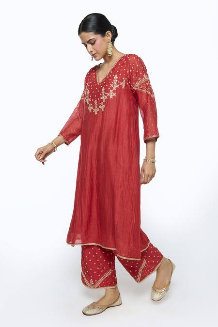Buy Sinjhar Red Chanderi, , Satin, Silk, Kota Doria Hand Kurta Pant Set Online at Aza Fashions Buy_Sinjhar_Red Chanderi, , Satin, Silk, Kota Doria Hand Kurta Pant Set _Online_at_Aza_Fashions