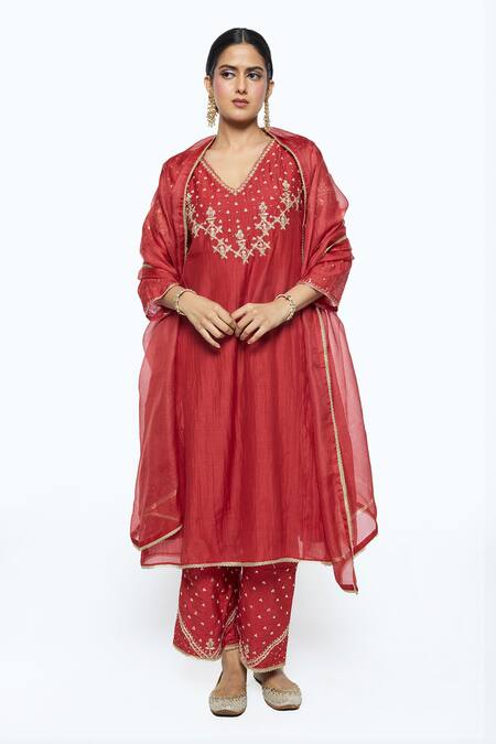 Shop Sinjhar Red Chanderi, , Satin, Silk, Kota Doria Hand Kurta Pant Set Online at Aza Fashions Shop_Sinjhar_Red Chanderi, , Satin, Silk, Kota Doria Hand Kurta Pant Set _Online_at_Aza_Fashions
