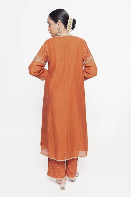 Shop_Sinjhar_Orange Chanderi, Cotton, , Organza Embroidery Bloom Hand Kurta Set _at_Aza_Fashions