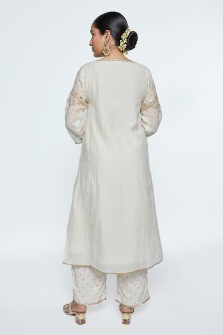 Shop Sinjhar Ivory Chanderi, Cotton, Silk, Kota Doria Embroidery Hand A-line Kurta Set at Aza Fashions Shop_Sinjhar_Ivory Chanderi, Cotton, Silk, Kota Doria Embroidery Hand A-line Kurta Set _at_Aza_Fashions