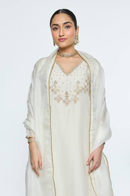 Sinjhar Ivory Chanderi, Cotton, Silk, Kota Doria Embroidery Hand A-line Kurta Set Online at Aza Fashions Sinjhar_Ivory Chanderi, Cotton, Silk, Kota Doria Embroidery Hand A-line Kurta Set _Online_at_Aza_Fashions