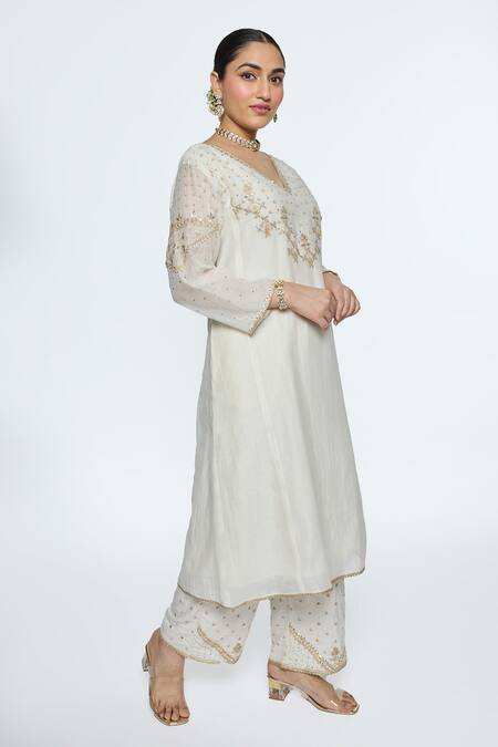 Buy Sinjhar Ivory Chanderi, Cotton, Silk, Kota Doria Embroidery Hand A-line Kurta Set Online at Aza Fashions Buy_Sinjhar_Ivory Chanderi, Cotton, Silk, Kota Doria Embroidery Hand A-line Kurta Set _Online_at_Aza_Fashions