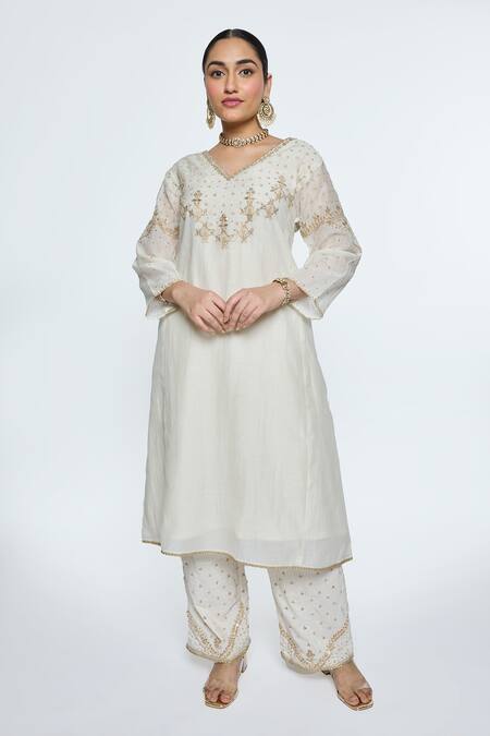 Shop Sinjhar Ivory Chanderi, Cotton, Silk, Kota Doria Embroidery Hand A-line Kurta Set Online at Aza Fashions Shop_Sinjhar_Ivory Chanderi, Cotton, Silk, Kota Doria Embroidery Hand A-line Kurta Set _Online_at_Aza_Fashions