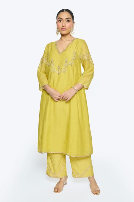 Sinjhar Yellow Chanderi, Cotton, Silk, Kota Doria Embroidery V-neck Hand Kurta Set Online at Aza Fashions Sinjhar_Yellow Chanderi, Cotton, Silk, Kota Doria Embroidery V-neck Hand Kurta Set _Online_at_Aza_Fashions