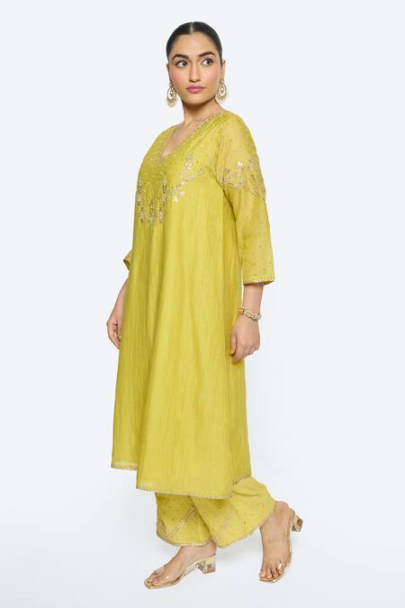Buy Sinjhar Yellow Chanderi, Cotton, Silk, Kota Doria Embroidery V-neck Hand Kurta Set Online at Aza Fashions Buy_Sinjhar_Yellow Chanderi, Cotton, Silk, Kota Doria Embroidery V-neck Hand Kurta Set _Online_at_Aza_Fashions