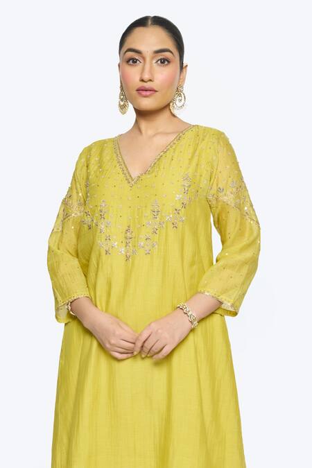 Shop Sinjhar Yellow Chanderi, Cotton, Silk, Kota Doria Embroidery V-neck Hand Kurta Set Online at Aza Fashions Shop_Sinjhar_Yellow Chanderi, Cotton, Silk, Kota Doria Embroidery V-neck Hand Kurta Set _Online_at_Aza_Fashions