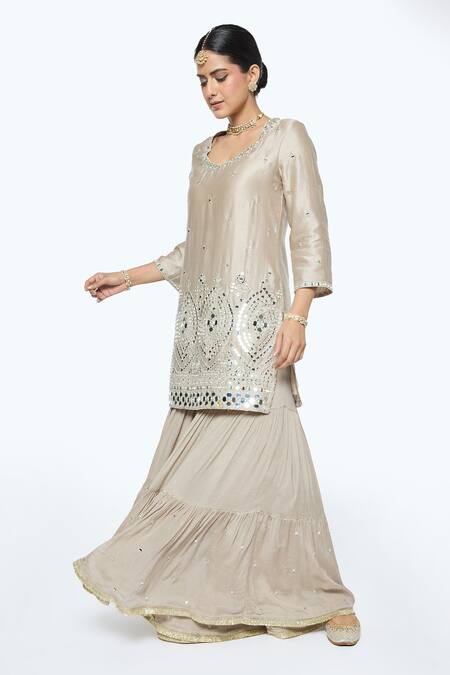 Sinjhar_Gray Chanderi, Cotton, Crepe, Silk Organza Mirrors, Hand Embroidered Kurta Set _Online_at_Aza_Fashions