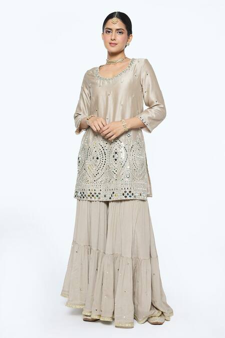 Buy_Sinjhar_Gray Chanderi, Cotton, Crepe, Silk Organza Mirrors, Hand Embroidered Kurta Set _Online_at_Aza_Fashions
