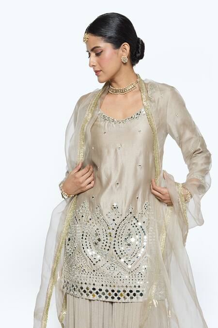 Shop_Sinjhar_Gray Chanderi, Cotton, Crepe, Silk Organza Mirrors, Hand Embroidered Kurta Set _Online_at_Aza_Fashions