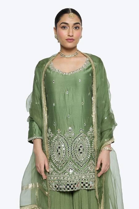 Sinjhar Green Chanderi, Crepe, Silk Organza Embroidery, Mirrors, Zari Hand Kurta Set Online at Aza Fashions Sinjhar_Green Chanderi, Crepe, Silk Organza Embroidery, Mirrors, Zari Hand Kurta Set _Online_at_Aza_Fashions