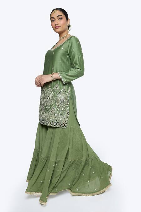 Buy Sinjhar Green Chanderi, Crepe, Silk Organza Embroidery, Mirrors, Zari Hand Kurta Set Online at Aza Fashions Buy_Sinjhar_Green Chanderi, Crepe, Silk Organza Embroidery, Mirrors, Zari Hand Kurta Set _Online_at_Aza_Fashions