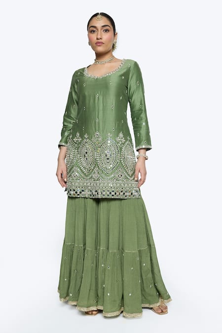 Shop Sinjhar Green Chanderi, Crepe, Silk Organza Embroidery, Mirrors, Zari Hand Kurta Set Online at Aza Fashions Shop_Sinjhar_Green Chanderi, Crepe, Silk Organza Embroidery, Mirrors, Zari Hand Kurta Set _Online_at_Aza_Fashions