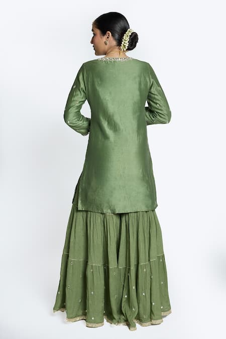 Shop Sinjhar Green Chanderi, Crepe, Silk Organza Embroidery, Mirrors, Zari Hand Kurta Set at Aza Fashions Shop_Sinjhar_Green Chanderi, Crepe, Silk Organza Embroidery, Mirrors, Zari Hand Kurta Set _at_Aza_Fashions
