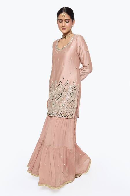 Sinjhar Pink Chanderi, Crepe, Silk Organza Embroidery, Mirrors, Zari Kurta Sharara Set Online at Aza Fashions Sinjhar_Pink Chanderi, Crepe, Silk Organza Embroidery, Mirrors, Zari Kurta Sharara Set _Online_at_Aza_Fashions