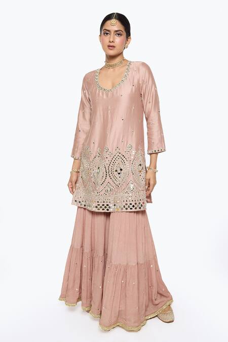 Buy Sinjhar Pink Chanderi, Crepe, Silk Organza Embroidery, Mirrors, Zari Kurta Sharara Set Online at Aza Fashions Buy_Sinjhar_Pink Chanderi, Crepe, Silk Organza Embroidery, Mirrors, Zari Kurta Sharara Set _Online_at_Aza_Fashions