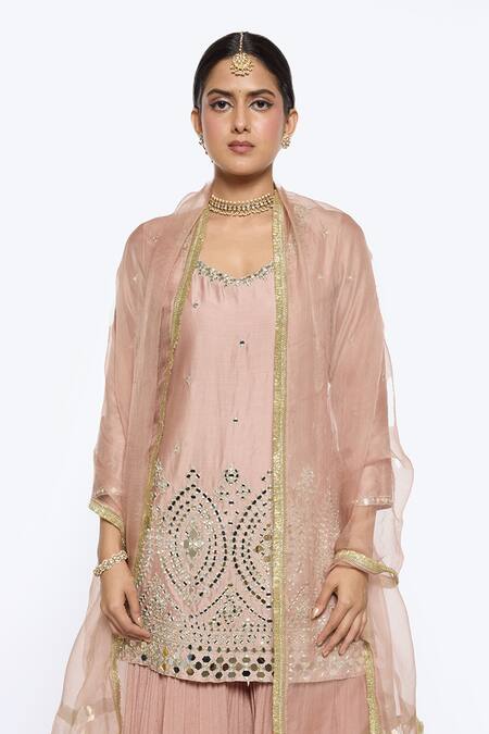Shop Sinjhar Pink Chanderi, Crepe, Silk Organza Embroidery, Mirrors, Zari Kurta Sharara Set Online at Aza Fashions Shop_Sinjhar_Pink Chanderi, Crepe, Silk Organza Embroidery, Mirrors, Zari Kurta Sharara Set _Online_at_Aza_Fashions
