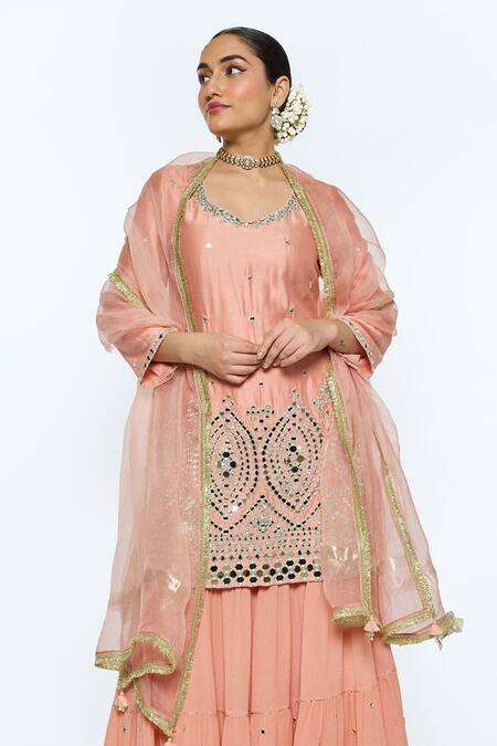 Sinjhar Pink Chanderi, Chiffon, Silk Organza Embroidered Salmon Kurta Sharara Set Online at Aza Fashions Sinjhar_Pink Chanderi, Chiffon, Silk Organza Embroidered Salmon Kurta Sharara Set _Online_at_Aza_Fashions