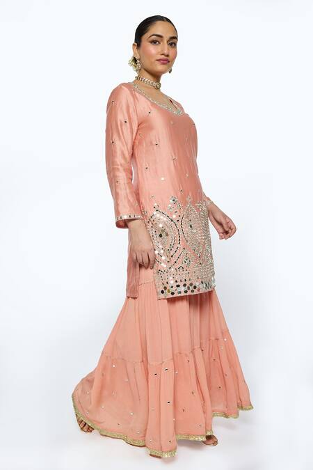Buy Sinjhar Pink Chanderi, Chiffon, Silk Organza Embroidered Salmon Kurta Sharara Set Online at Aza Fashions Buy_Sinjhar_Pink Chanderi, Chiffon, Silk Organza Embroidered Salmon Kurta Sharara Set _Online_at_Aza_Fashions