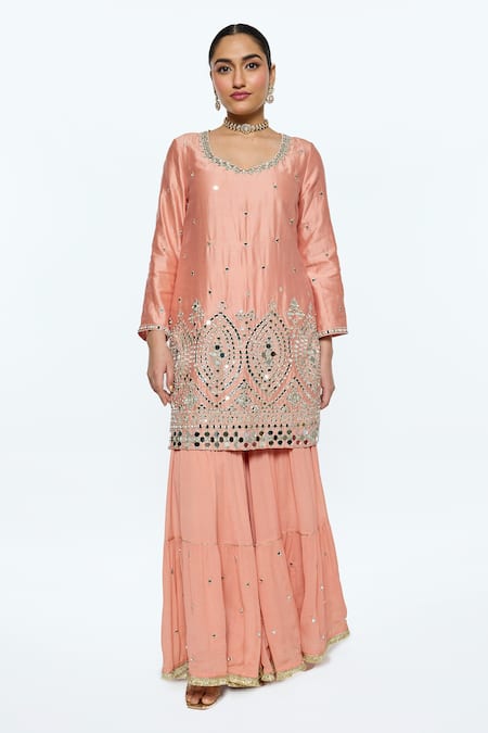 Shop Sinjhar Pink Chanderi, Chiffon, Silk Organza Embroidered Salmon Kurta Sharara Set Online at Aza Fashions Shop_Sinjhar_Pink Chanderi, Chiffon, Silk Organza Embroidered Salmon Kurta Sharara Set _Online_at_Aza_Fashions