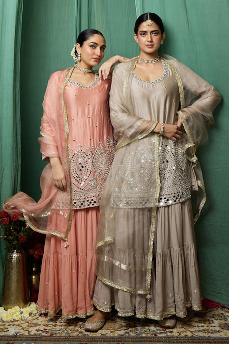 Sinjhar Pink Chanderi, Chiffon, Silk Organza Embroidered Salmon Kurta Sharara Set at Aza Fashions Sinjhar_Pink Chanderi, Chiffon, Silk Organza Embroidered Salmon Kurta Sharara Set _at_Aza_Fashions