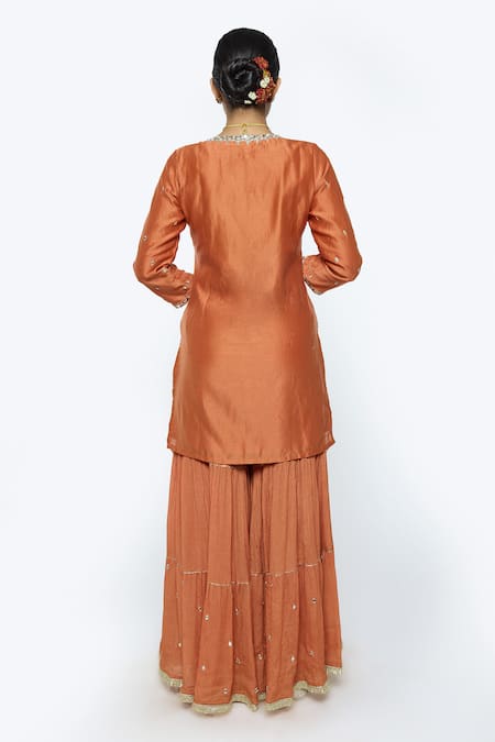 Shop_Sinjhar_Orange Chanderi, Silk Organza Embroidery, Mirrors, Zari Scoop Hand Sharara Set _at_Aza_Fashions