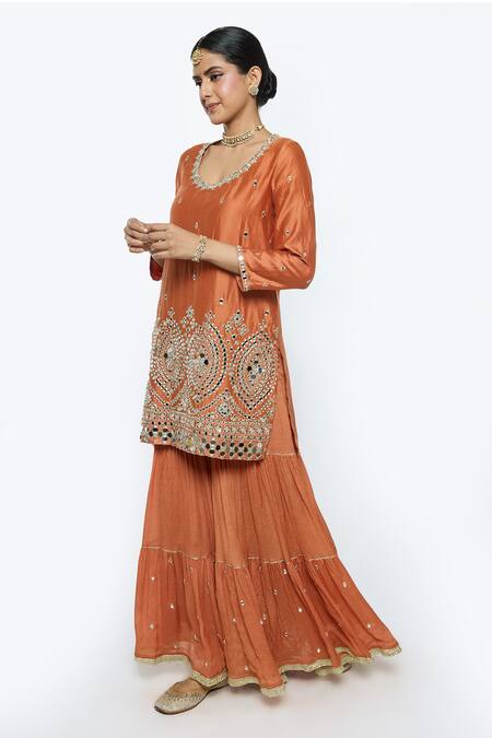 Sinjhar_Orange Chanderi, Silk Organza Embroidery, Mirrors, Zari Scoop Hand Sharara Set _Online_at_Aza_Fashions