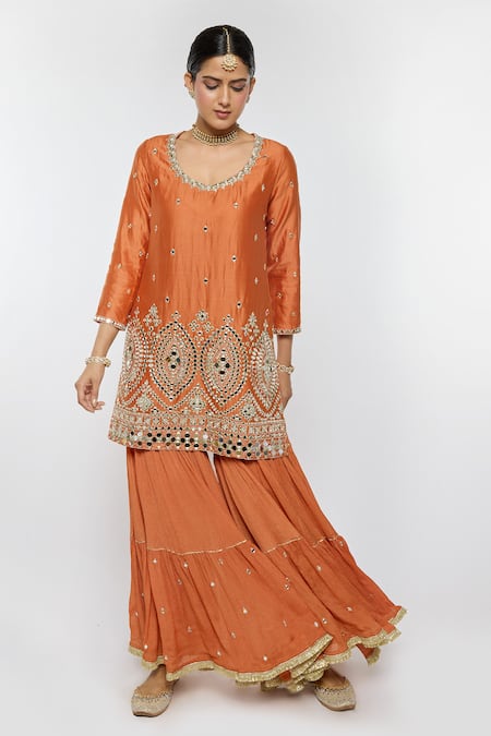 Buy_Sinjhar_Orange Chanderi, Silk Organza Embroidery, Mirrors, Zari Scoop Hand Sharara Set _Online_at_Aza_Fashions