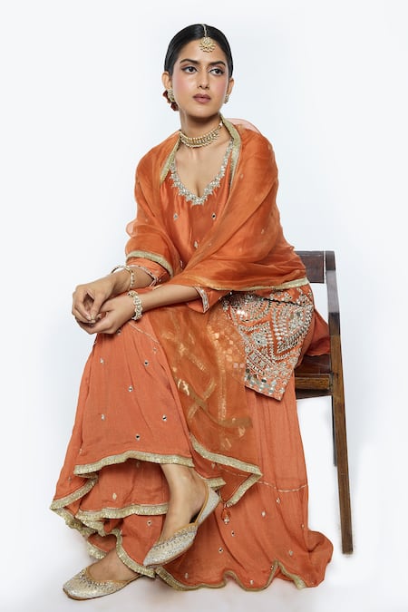 Shop_Sinjhar_Orange Chanderi, Silk Organza Embroidery, Mirrors, Zari Scoop Hand Sharara Set _Online_at_Aza_Fashions