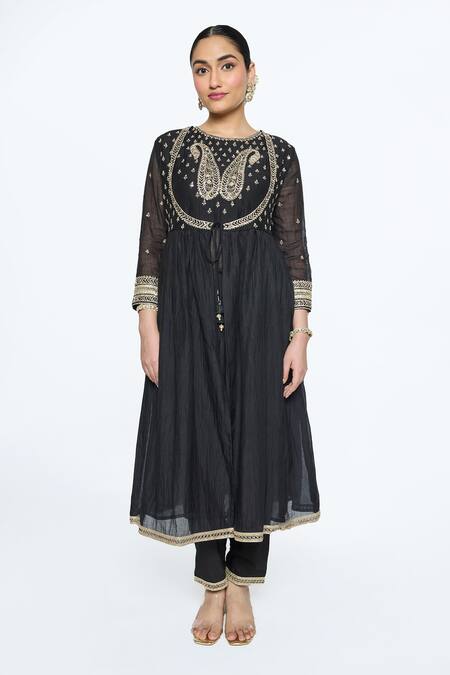 Sinjhar Black Silk Organza, , Chanderi, Satin Hand Angarkha Set Online at Aza Fashions Sinjhar_Black Silk Organza, , Chanderi, Satin Hand Angarkha Set _Online_at_Aza_Fashions
