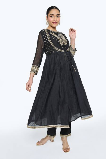 Shop Sinjhar Black Silk Organza, , Chanderi, Satin Hand Angarkha Set Online at Aza Fashions Shop_Sinjhar_Black Silk Organza, , Chanderi, Satin Hand Angarkha Set _Online_at_Aza_Fashions