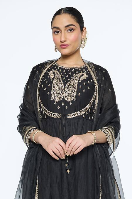 Sinjhar Black Silk Organza, , Chanderi, Satin Hand Angarkha Set at Aza Fashions Sinjhar_Black Silk Organza, , Chanderi, Satin Hand Angarkha Set _at_Aza_Fashions
