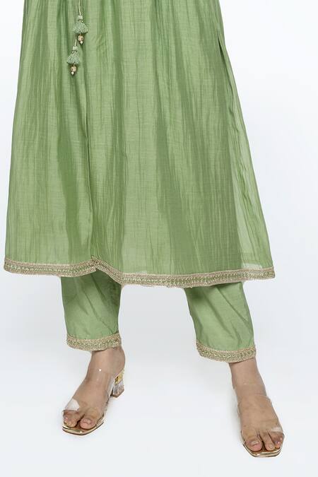 Sinjhar Green Silk Organza, , Silk, Chanderi, Satin Hand Angarkha Set Online at Aza Fashions Sinjhar_Green Silk Organza, , Silk, Chanderi, Satin Hand Angarkha Set _Online_at_Aza_Fashions