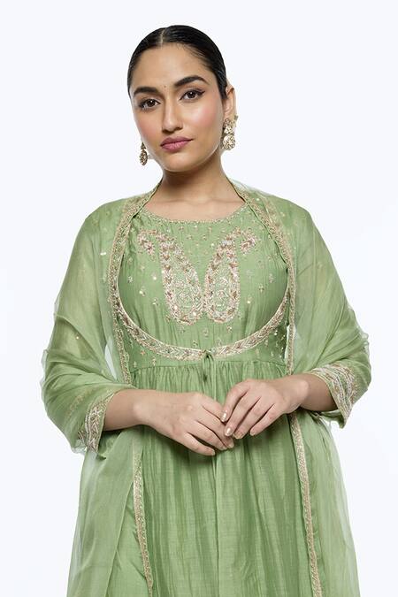 Buy Sinjhar Green Silk Organza, , Silk, Chanderi, Satin Hand Angarkha Set Online at Aza Fashions Buy_Sinjhar_Green Silk Organza, , Silk, Chanderi, Satin Hand Angarkha Set _Online_at_Aza_Fashions