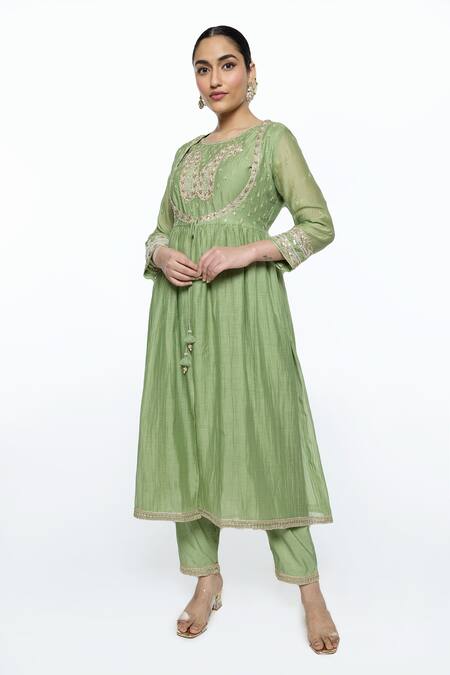 Shop Sinjhar Green Silk Organza, , Silk, Chanderi, Satin Hand Angarkha Set Online at Aza Fashions Shop_Sinjhar_Green Silk Organza, , Silk, Chanderi, Satin Hand Angarkha Set _Online_at_Aza_Fashions