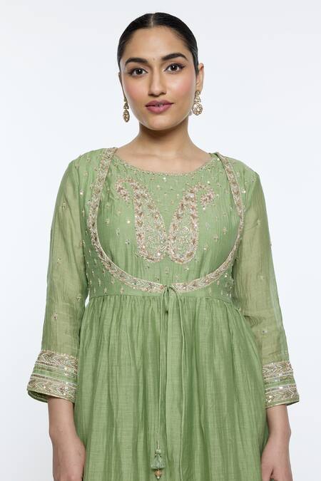 Sinjhar Green Silk Organza, , Silk, Chanderi, Satin Hand Angarkha Set at Aza Fashions Sinjhar_Green Silk Organza, , Silk, Chanderi, Satin Hand Angarkha Set _at_Aza_Fashions