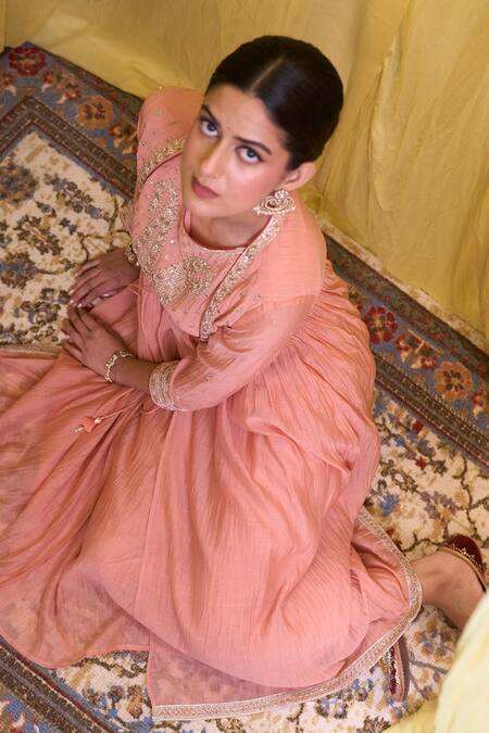 Sinjhar Pink Silk Organza, , Silk, Chanderi, Satin Hand Angarkha Kurta Set at Aza Fashions Sinjhar_Pink Silk Organza, , Silk, Chanderi, Satin Hand Angarkha Kurta Set _at_Aza_Fashions