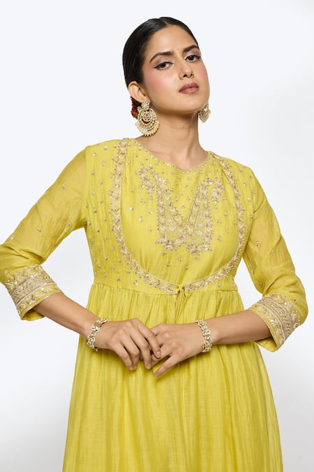 Buy_Sinjhar_Yellow Silk Organza, , Silk, Chanderi, Satin Hand Angarkha Set _Online_at_Aza_Fashions