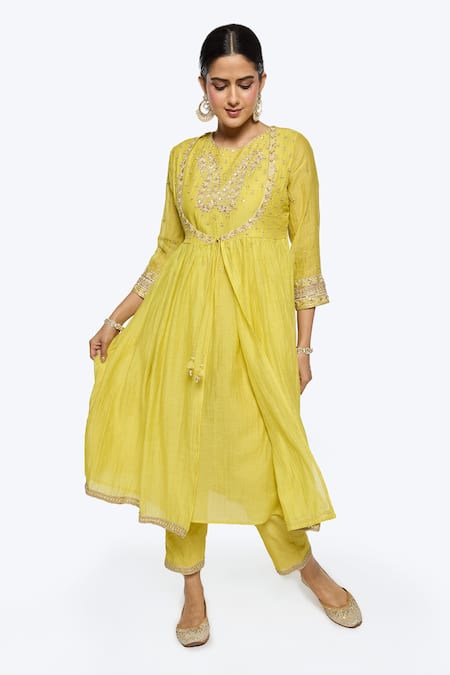 Shop_Sinjhar_Yellow Silk Organza, , Silk, Chanderi, Satin Hand Angarkha Set _Online_at_Aza_Fashions