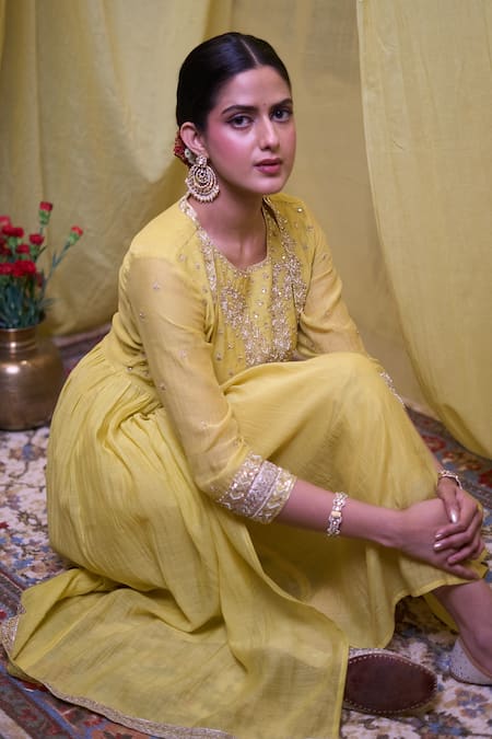 Sinjhar_Yellow Silk Organza, , Silk, Chanderi, Satin Hand Angarkha Set _at_Aza_Fashions