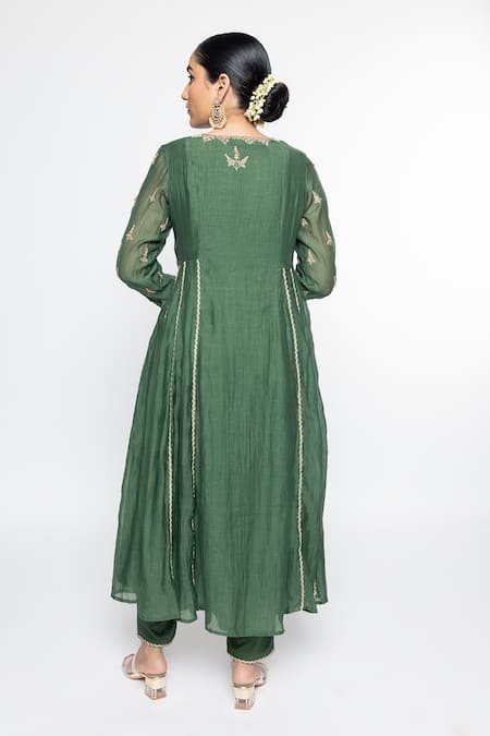 Shop Sinjhar Green Chanderi, Organza, Cotton, Botanical Hand Anarkali Set at Aza Fashions Shop_Sinjhar_Green Chanderi, Organza, Cotton, Botanical Hand Anarkali Set _at_Aza_Fashions