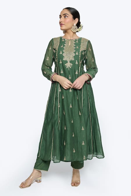Buy Sinjhar Green Chanderi, Organza, Cotton, Botanical Hand Anarkali Set Online at Aza Fashions Buy_Sinjhar_Green Chanderi, Organza, Cotton, Botanical Hand Anarkali Set _Online_at_Aza_Fashions
