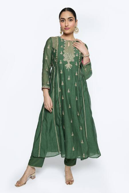 Shop Sinjhar Green Chanderi, Organza, Cotton, Botanical Hand Anarkali Set Online at Aza Fashions Shop_Sinjhar_Green Chanderi, Organza, Cotton, Botanical Hand Anarkali Set _Online_at_Aza_Fashions
